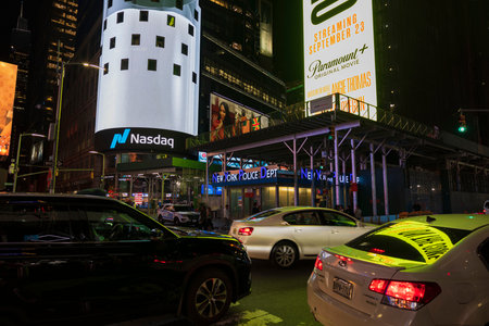 Beautiful night New York cityscape view. Have traffic on downtown Manhattan roads, New York, USA....