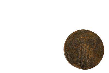 Close-up view of reverse side of old Russian coin with one penny in silver eagle from 1842. Numismatic concept. Sweden.の写真素材