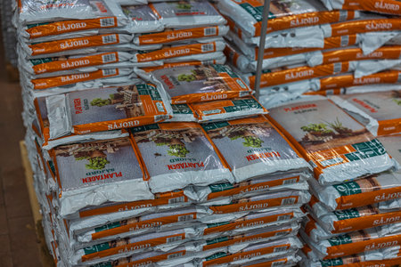 Close up view of bags with sowing soil. gardening concept. Sweden. uppsala. 02.15.2023.のeditorial素材
