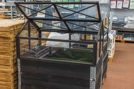 Close up view of mini greenhouse for gardening. Sweden. uppsala. 02.15.2023.のeditorial素材
