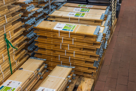 Close up view of withdrawn wooden pallet collars for gardening and storage. Sweden. uppsala. 02.14.2023.のeditorial素材
