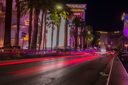 Gorgeous out-of-focus tracers of Strip road. Night Las Vegas cityscape view. Nevada, Las Vegas. USA. 09.16.2022.のeditorial素材