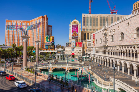 Gorgeous view of the territory of Venetian hotel with gondola on water in artificial canal in Las Vegas. Nevada, USA. 09.17.2022.のeditorial素材