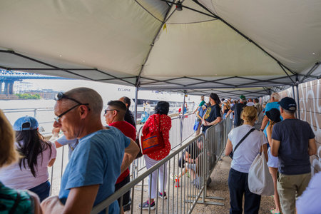 View of tourists in port waiting for landing on cruise ship for sightseeing disturbance on Hudson...