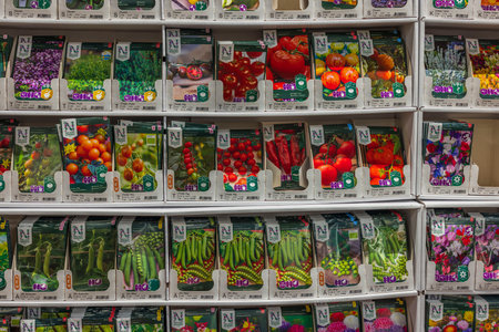 Close up view of stand with bags of various vegetables seeds. gardening concept. Sweden. uppsala. 04/03/2023.のeditorial素材