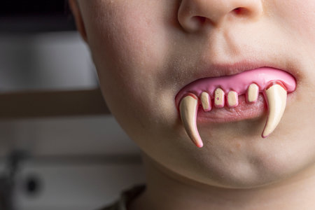 Close up of toy vampire teeth in child's mouth for Halloween holiday, prank concept. Sweden.の写真素材