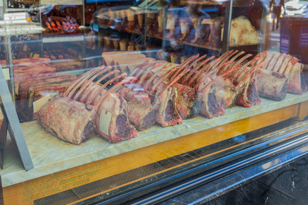 Close-up view of raw meat counter in store.の写真素材