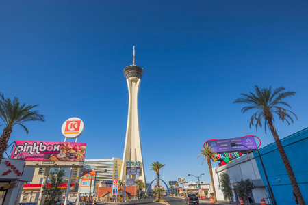 Beautiful view of main tower of The Strat hotel on blue sky background. Las Vegas, Nevada, USA. 09.16.2022.のeditorial素材