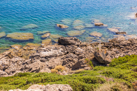 Magnificent view of the rocky coast of the island of Rhodes in the Mediterranean sea. Greece.の写真素材