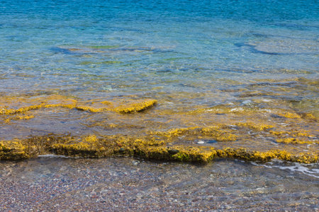 Beautiful view clear water of Mediterranean sea stone coastline. Greece.の写真素材