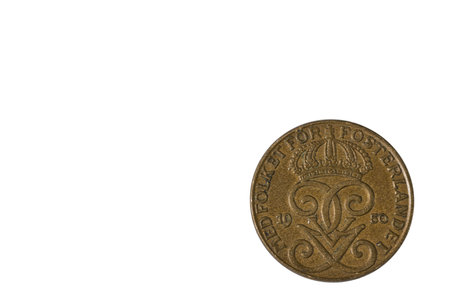 Close up view of old reverse side of Swedish coin from 1950. Numismatic concept. Sweden.の写真素材