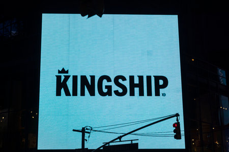 Beautiful night Broadway view with led panel lights with advertising image Kingship. new york. USA. 09.22.2022.のeditorial素材