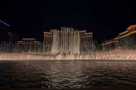 Gorgeous view of sights of Las Vegas at night on Strip overlooking fountains of Bellagio hotel. Las Vegas. USA. 09.16.2022.のeditorial素材