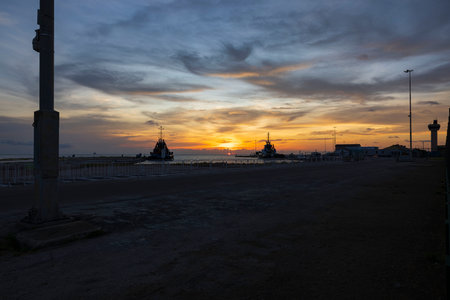 Beautiful view of the sea port of Oranjestad, Aruba on sunset.の写真素材