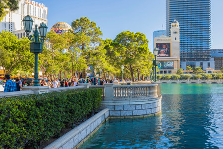 Beautiful view of the water near Bellagio hotel on Strip in Las Vegas. Las Vegas. Nevada. USA. 09.17.2022.のeditorial素材