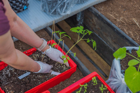Close-up view of woman's hands taking out tomato plant for planting out to garden bed in greenhouse. Sweden.の写真素材