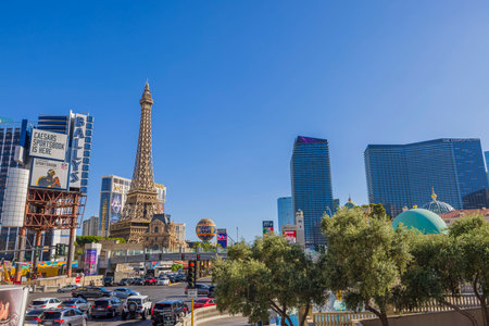 Beautiful landscape view of Strip Road between casino hotels with Eiffel Tower in background. Las Vegas, Nevada, USA. 09.16.2022.のeditorial素材