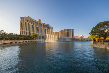 Beautiful view of sights of Las Vegas against fountains of Bellagio hotel on sunset. Las Vegas. USA. 09.18.2022.のeditorial素材