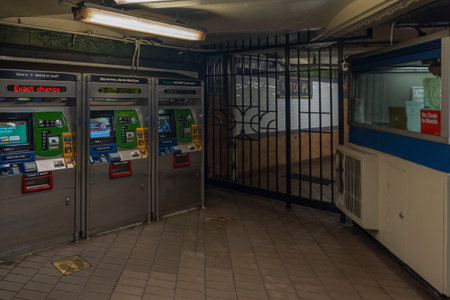 Close-up interior view of subway with automatic ticket machines. New York. USA. 04.24.2023.のeditorial素材