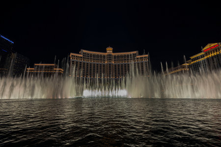 Gorgeous view of night fountains of Bellagio hotel on Strip. Las Vegas, Nevada, USA.のeditorial素材