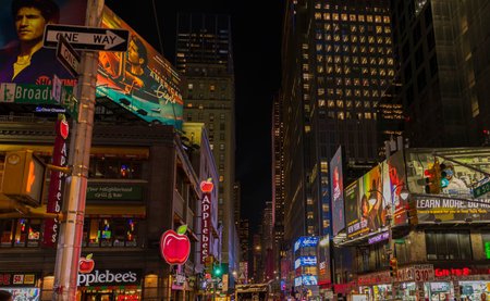 Colorful night Broadway landscape view. Led lights on dark night sky background. New York. USA. 09.22.2022.のeditorial素材