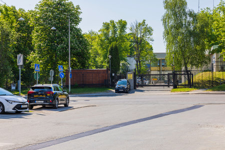 Beautiful view of security car in front of entrance to Russian Embassy metal fence. Stockholm, Sweden.のeditorial素材