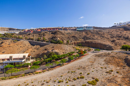 View of villas and houses on tropical mountainous terrain of Gran Canaria, Spain.の写真素材