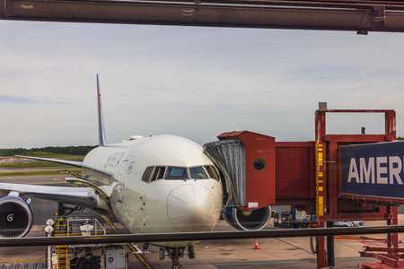 Close-up view of Delta aircraft from inside of airport. Sweden. Arlanda.のeditorial素材