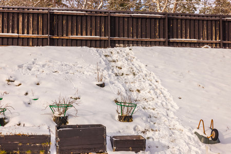 Beautiful winter view of garden located on snow-covered hill in backyard. Garden concept in winter season.の写真素材