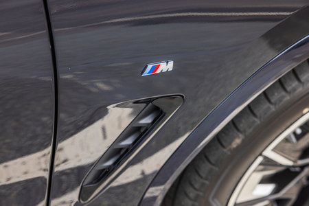Close-up view of with M symbol on BMW iX3 M Sport.のeditorial素材