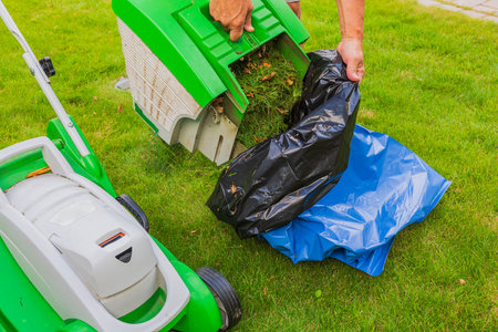 View of man pouring grass clippings from green lawn from lawnmower basket into plastic bag in garden.の写真素材