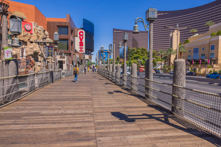 View of CVS store sign from pedestrian road along Strip near Treasure Island Casino Hotel. Las Vegas. USA.のeditorial素材