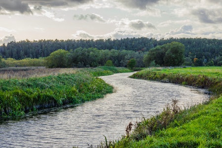 Beautiful autumn view of countryside with narrow river flowing along agricultural fields. Sweden.の写真素材