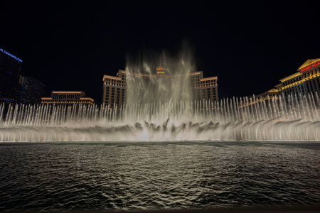 Beautiful view of Las Vegas at night overlooking fountains of Bellagio hotel. Las Vegas. USA.のeditorial素材