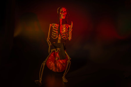 View of skeleton sitting on pumpkin for Halloween with orange backlight on black background. Sweden.の写真素材