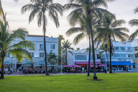 Beautiful view of palm tree park in front of hotels along Ocean Drive in Miami Beach with presence of vibrant restaurants and lively bars. Florida.のeditorial素材
