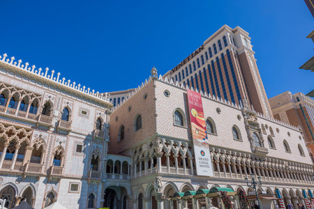 Venetian Casino hotel facade stunning view on cloudless, azure sky background. Las Vegas. USA.のeditorial素材