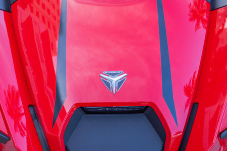 Close-up view of emblem of red Polaris Slingshot. Florida. USA.のeditorial素材