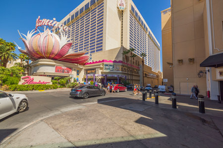 Beautiful view of Flamingo casino hotel skyscraper from bustling Las Vegas Strip. Las Vegas. USA.のeditorial素材