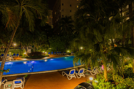 Beautiful aerial view of the Radisson hotel pool, illuminated during night time. Miami Beach. USA.のeditorial素材