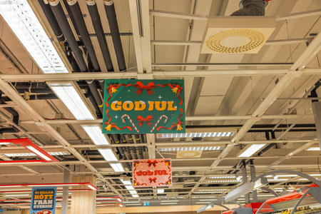 Beautifully decorated with Christmas and New Year's greetings, Granby Hypermarket signs.のeditorial素材