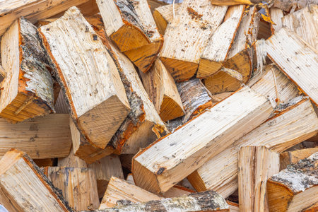 A close-up top view of a pile of chopped birch firewood.
