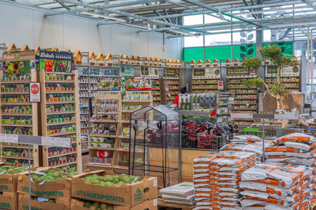 View of garden store with an array of diverse gardening items, showing the comprehensive concept of gardening. Sweden.のeditorial素材