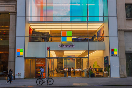 Close-up view of the Microsoft corporation headquarters campus located on Fifth Avenue. NY. USA.のeditorial素材