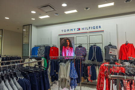 View of the interior of Macy's store with the Tommy Hilfiger women's clothing department. New York....