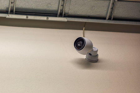 Close-up view of a surveillance camera mounted on a wall in a warehouse. Security concept. Sweden.