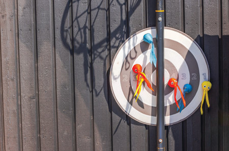 Close-up view of a dartboard with colorful fabric darts attached, mounted on a wooden fence in...