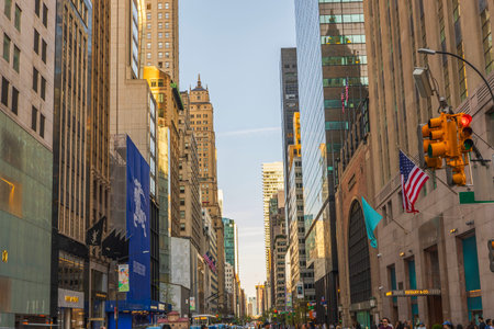 Gorgeous view of Fifth Avenue with boutiques, shops, transportation, against the backdrop of...