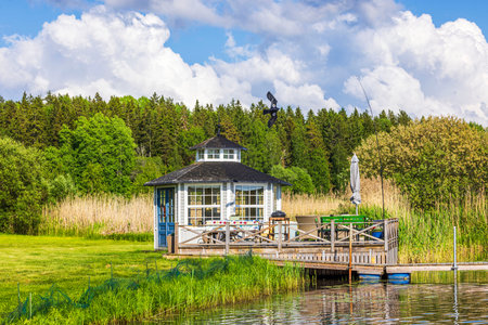 Beautiful view of a cabin on the lakeshore with a pier, set against a backdrop of forest trees and reeds along the shore.の写真素材