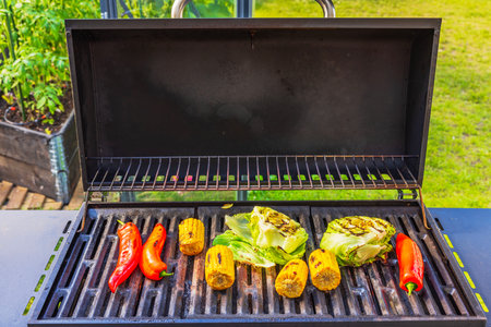 Close-up view of vegetables grilling on gas barbecue in backyard of villa.の写真素材